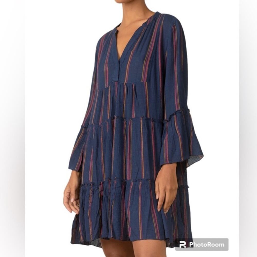 Elan navy blue striped long sleeve tiered ruffle dress size medium